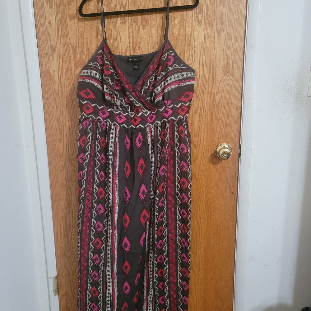 Lane Bryant Charcoal Maxi Dress with Pink & Red Geometric Print